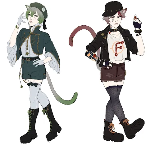 Character art for Gitea and Forgejo gijinka designs, both by Jack @brokemycrown.
They are catboys whose ears stick out slightly from under their hats.

The Gitea design is turned to the left and looking towards Forgejo. He has
grayish hair that fades into a green color ombre and has the Gitea logo beneath
his left eye. He has the look of a longing Victorian child and wears clothes
inspired by the time period, with a jacket that clasps at the neck with lots of
ruffles and short shorts that help keep up a combo of stockings and combat
boots.

The Forgejo design is turned towards the right and he has a pouty-angry
expression. Beneath his right eye is the Forgejo icon. He has a very punk look,
with a sleeve of color block tattoos going up to his neck on his right arm, a
studded leather jacket, ripped shorts and fishnet stockings. His shirt has a
graffiti style&#x27;d forgejo icon over an empty git commit icon. He wears a black
baseball cap. His hair and tail color is a grayish-brown that turns into a
reddish ombre. His tail also has three piercings.